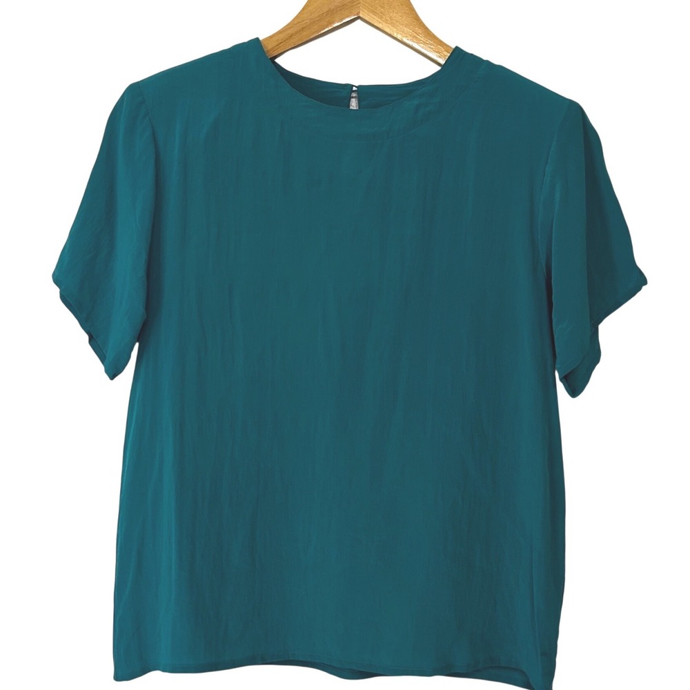 Anna & Frank Petites Women's S Green 100% Silk Short Sleeve Keyhole Back Blouse